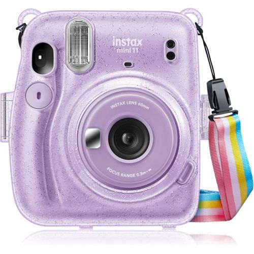  Fintie Protective Clear Case for Fujifilm Instax Mini 11 Instant Film Camera - Crystal Hard Shell Cover with Removable Rainbow Shoulder Strap, Glittering Purple