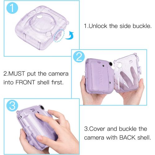  Fintie Protective Clear Case for Fujifilm Instax Mini 11 Instant Film Camera - Crystal Hard Shell Cover with Removable Rainbow Shoulder Strap, Glittering Purple