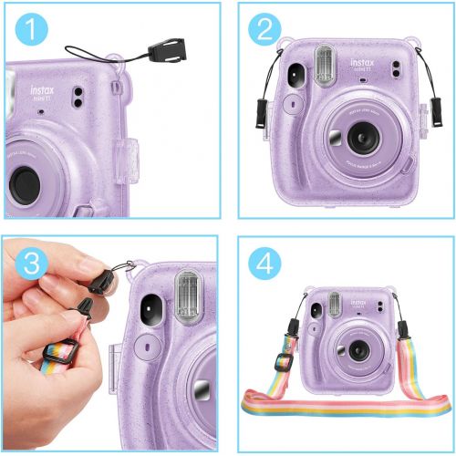  Fintie Protective Clear Case for Fujifilm Instax Mini 11 Instant Film Camera - Crystal Hard Shell Cover with Removable Rainbow Shoulder Strap, Glittering Purple