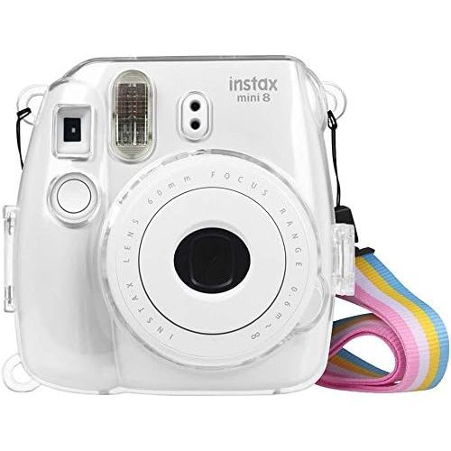  Fintie Protective Clear Case for Fujifilm Instax Mini 8 Mini 8+ Mini 9 Instant Camera - Crystal Hard Cover with Removable Rainbow Shoulder Strap, Clear