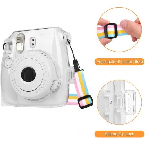  Fintie Protective Clear Case for Fujifilm Instax Mini 8 Mini 8+ Mini 9 Instant Camera - Crystal Hard Cover with Removable Rainbow Shoulder Strap, Clear