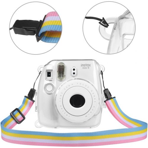  Fintie Protective Clear Case for Fujifilm Instax Mini 8 Mini 8+ Mini 9 Instant Camera - Crystal Hard Cover with Removable Rainbow Shoulder Strap, Clear