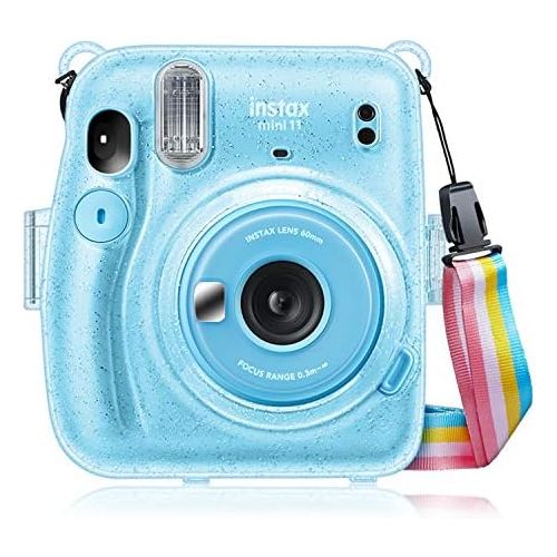  Fintie Protective Clear Case for Fujifilm Instax Mini 11 Instant Film Camera - Crystal Hard Shell Cover with Removable Rainbow Shoulder Strap, Glittering Blue