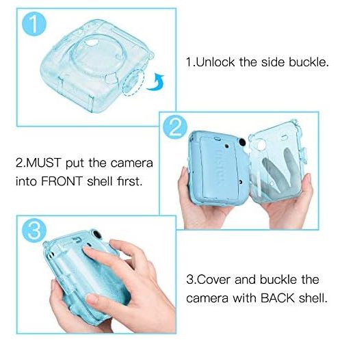  Fintie Protective Clear Case for Fujifilm Instax Mini 11 Instant Film Camera - Crystal Hard Shell Cover with Removable Rainbow Shoulder Strap, Glittering Blue