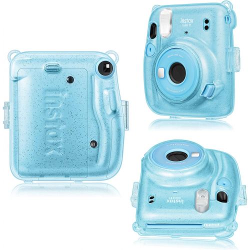  Fintie Protective Clear Case for Fujifilm Instax Mini 11 Instant Film Camera - Crystal Hard Shell Cover with Removable Rainbow Shoulder Strap, Glittering Blue