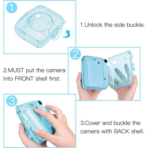  Fintie Protective Clear Case for Fujifilm Instax Mini 11 Instant Film Camera - Crystal Hard Shell Cover with Removable Rainbow Shoulder Strap, Glittering Blue