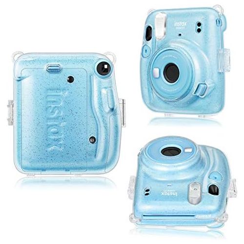  Fintie Protective Clear Case for Fujifilm Instax Mini 11 Instant Film Camera - Crystal Hard Shell Cover with Removable Rainbow Shoulder Strap, Glittering Transparent