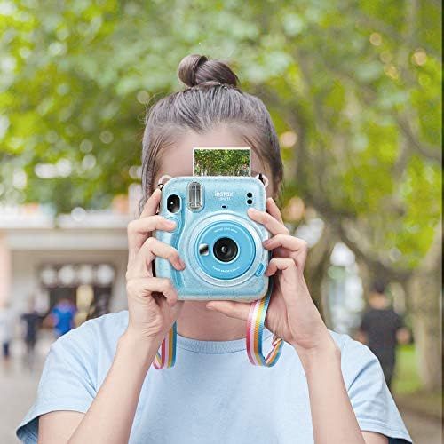  Fintie Protective Clear Case for Fujifilm Instax Mini 11 Instant Film Camera - Crystal Hard Shell Cover with Removable Rainbow Shoulder Strap, Glittering Transparent