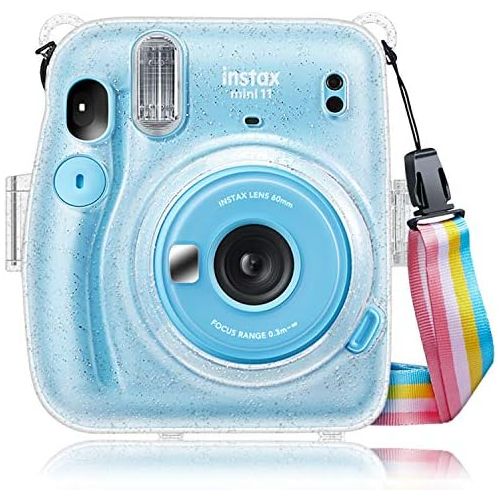  Fintie Protective Clear Case for Fujifilm Instax Mini 11 Instant Film Camera - Crystal Hard Shell Cover with Removable Rainbow Shoulder Strap, Glittering Transparent