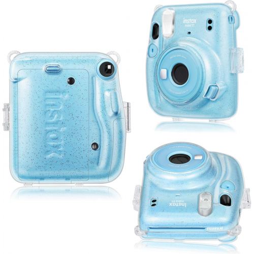  Fintie Protective Clear Case for Fujifilm Instax Mini 11 Instant Film Camera - Crystal Hard Shell Cover with Removable Rainbow Shoulder Strap, Glittering Transparent