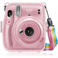 Fintie Protective Clear Case for Fujifilm Instax Mini 11 Instant Film Camera - Crystal Hard Shell Cover with Removable Rainbow Shoulder Strap, Glittering Pink