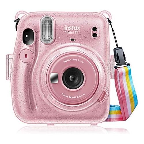  Fintie Protective Clear Case for Fujifilm Instax Mini 11 Instant Film Camera - Crystal Hard Shell Cover with Removable Rainbow Shoulder Strap, Glittering Pink