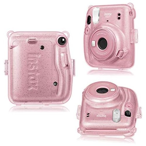  Fintie Protective Clear Case for Fujifilm Instax Mini 11 Instant Film Camera - Crystal Hard Shell Cover with Removable Rainbow Shoulder Strap, Glittering Pink