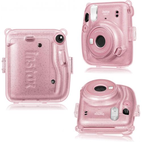  Fintie Protective Clear Case for Fujifilm Instax Mini 11 Instant Film Camera - Crystal Hard Shell Cover with Removable Rainbow Shoulder Strap, Glittering Pink