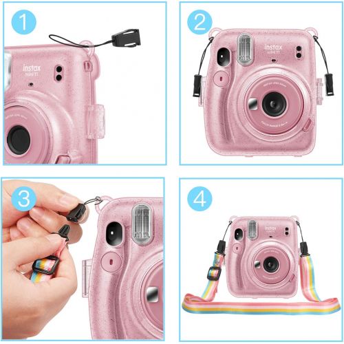  Fintie Protective Clear Case for Fujifilm Instax Mini 11 Instant Film Camera - Crystal Hard Shell Cover with Removable Rainbow Shoulder Strap, Glittering Pink