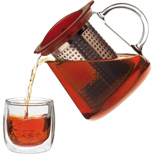  Finum TEA CONTROL Teekanne aus Glas mit patentierter Bruehkontrolle - Teebereiter mit Dauerfilter - Teezubereiter 0,8 Liter - Glaskanne fuer Tee, Rot