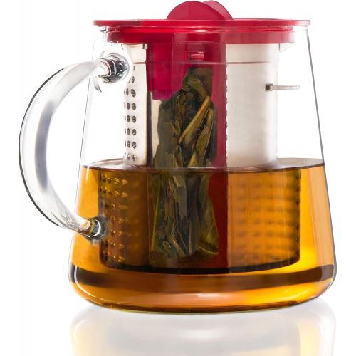  Finum TEA CONTROL Teekanne aus Glas mit patentierter Bruehkontrolle - Teebereiter mit Dauerfilter - Teezubereiter 0,8 Liter - Glaskanne fuer Tee, Rot