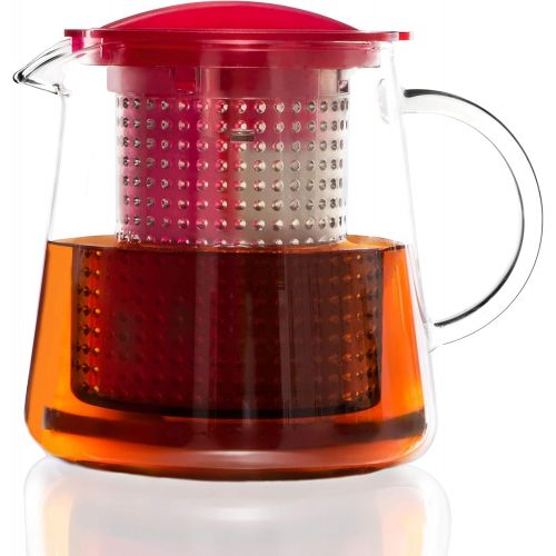  Finum TEA CONTROL Teekanne aus Glas mit patentierter Bruehkontrolle - Teebereiter mit Dauerfilter - Teezubereiter 0,8 Liter - Glaskanne fuer Tee, Rot