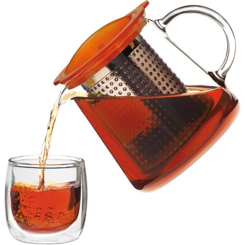  Finum TEA CONTROL Teekanne aus Glas mit Bruehkontrolle - Teebereiter mit Dauerfilter - Teezubereiter 0,8 Liter - Glaskanne fuer Tee mit Deckel Funktion in Orange