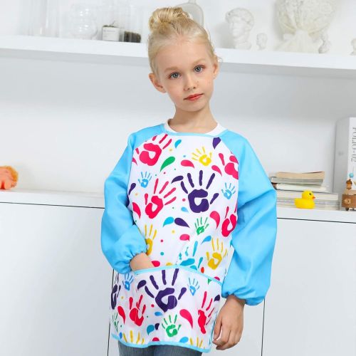  [아마존베스트]Fiodrimy 2PCS Kids Smock Apron, Waterproof Aprons for Kids with 3 Center Pockets Long Sleeve Art Aprons for Painting Baking Gardening 2-7 Years (Colorful Palm)