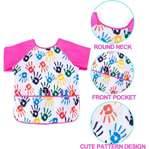  [아마존베스트]Fiodrimy 2PCS Kids Smock Apron, Waterproof Aprons for Kids with 3 Center Pockets Long Sleeve Art Aprons for Painting Baking Gardening 2-7 Years (Colorful Palm)