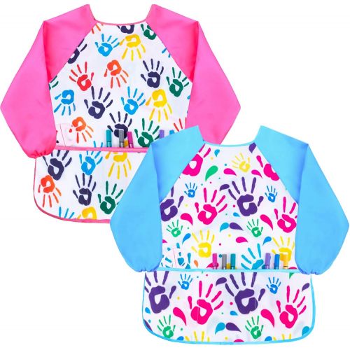  [아마존베스트]Fiodrimy 2PCS Kids Smock Apron, Waterproof Aprons for Kids with 3 Center Pockets Long Sleeve Art Aprons for Painting Baking Gardening 2-7 Years (Colorful Palm)