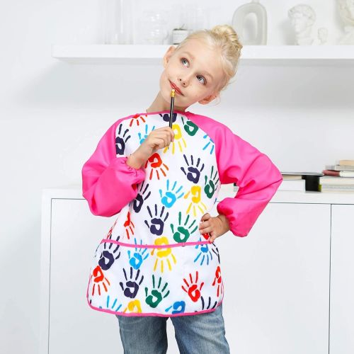  [아마존베스트]Fiodrimy 2PCS Kids Smock Apron, Waterproof Aprons for Kids with 3 Center Pockets Long Sleeve Art Aprons for Painting Baking Gardening 2-7 Years (Colorful Palm)