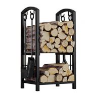 Fire Beauty Fireplace Log Rack with 4 Tools Fireside Firewood Holders Lumber Storage Stacking Black Wrought Iron Heavy Duty Logs Bin Holder for Fireplace Tool