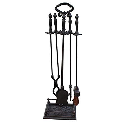  Fireplace screen LXLA Fireplace Tools Set 5 Pieces, Wrought Iron Fireset Fire Pit Poker Wood Stove Log Tongs Holder, Fireplace Tool Set with Pedestal Place, 32 Inch (Black)