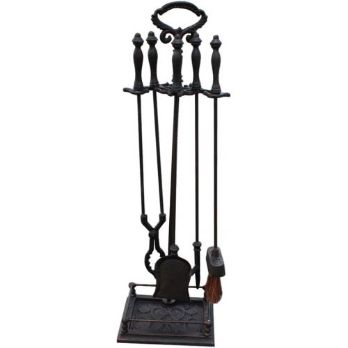  Fireplace screen LXLA Fireplace Tools Set 5 Pieces, Wrought Iron Fireset Fire Pit Poker Wood Stove Log Tongs Holder, Fireplace Tool Set with Pedestal Place, 32 Inch (Black)