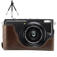 First2savvv XJPT-X70-D10 dark Brown Leather Half Camera Case Bag Cover base for FUJIFILM Fuji X70 + mini tripod