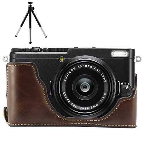  First2savvv XJPT-X70-D10 dark Brown Leather Half Camera Case Bag Cover base for FUJIFILM Fuji X70 + mini tripod