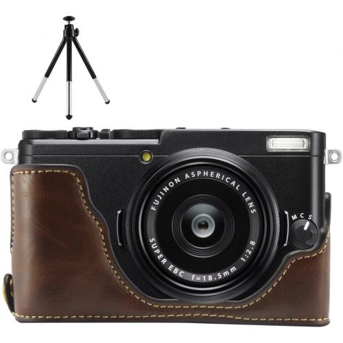  First2savvv XJPT-X70-D10 dark Brown Leather Half Camera Case Bag Cover base for FUJIFILM Fuji X70 + mini tripod