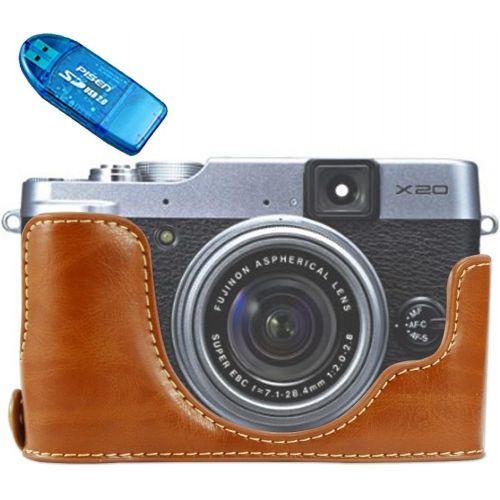  First2savvv XJPT-X20-D09 Brown Leather Half Camera Case Bag Cover base for Fuji FujiFilm Finepix X20.X10 + SD card reader