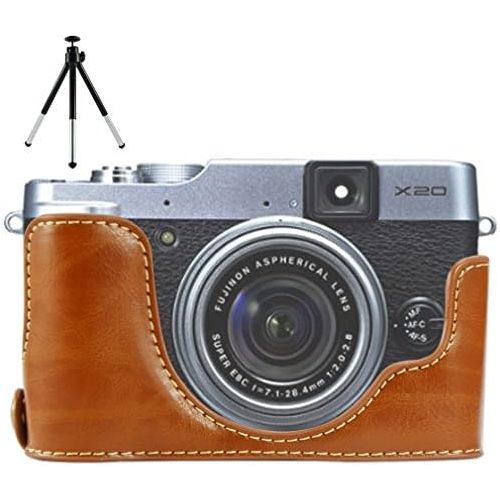  First2savvv XJPT-X20-D09 Brown Leather Half Camera Case Bag Cover base for Fuji FujiFilm Finepix X20.X10 + mini tripod