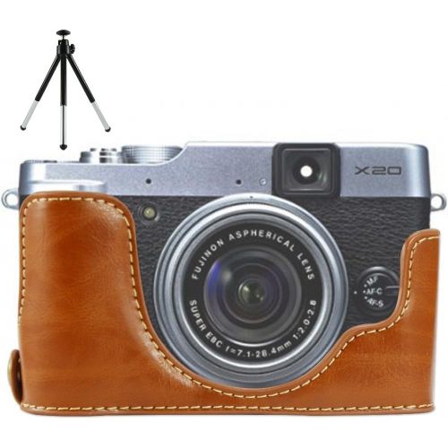  First2savvv XJPT-X20-D09 Brown Leather Half Camera Case Bag Cover base for Fuji FujiFilm Finepix X20.X10 + mini tripod
