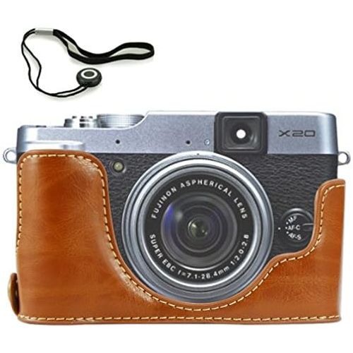  First2savvv XJPT-X20-D09 Brown Leather Half Camera Case Bag Cover base for Fuji FujiFilm Finepix X20.X10 + camera lens cap keeper