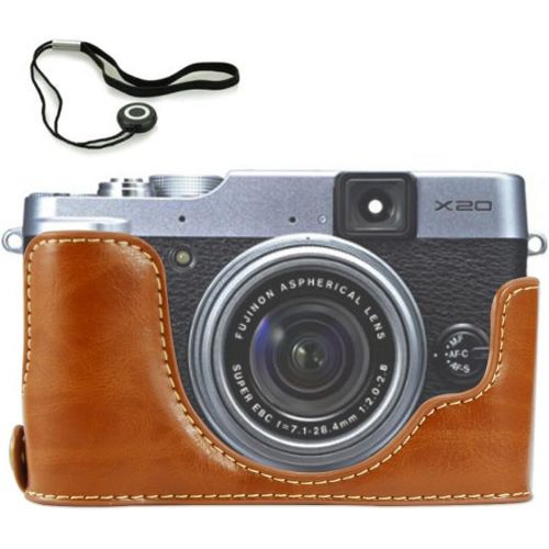  First2savvv XJPT-X20-D09 Brown Leather Half Camera Case Bag Cover base for Fuji FujiFilm Finepix X20.X10 + camera lens cap keeper