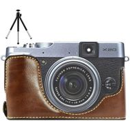 First2savvv XJPT-X20-D10 dark Brown Leather Half Camera Case Bag Cover base for Fuji FujiFilm Finepix X20.X10 + mini tripod
