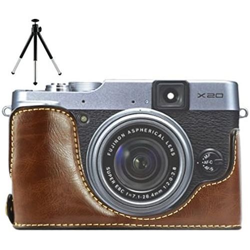  First2savvv XJPT-X20-D10 dark Brown Leather Half Camera Case Bag Cover base for Fuji FujiFilm Finepix X20.X10 + mini tripod