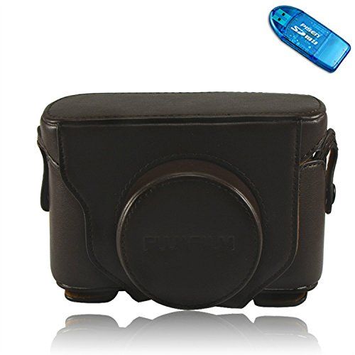  First2savvv XJPT-X10-10 dark brown full body Precise Fit PU leather digital camera case bag cover with shoulder strap for Fuji Fujifilm FinePix X10 X20 + SD CARD READER