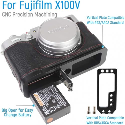  First2savvv Camera Genuine Leather Half Case Protective Bag + Quick Release L Plate Bracket Compatible with Fujifilm X100V (Black)