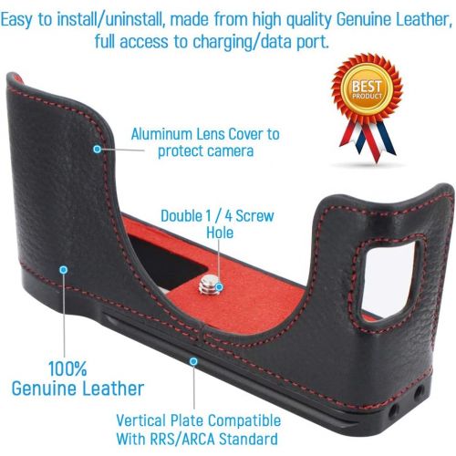  First2savvv Camera Genuine Leather Half Case Protective Bag + Quick Release L Plate Bracket Compatible with Fujifilm X100V (Black)