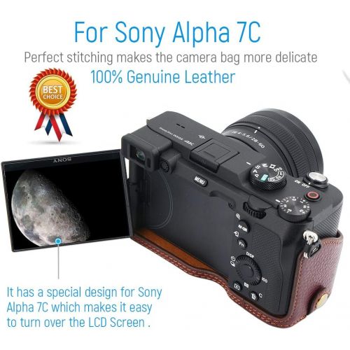  first2savvv Camera Genuine Leather Half Case Protective Bag Compatible with Sony Alpha 7C A7C (Dark Brown) VGFDGH