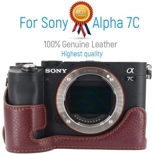  first2savvv Camera Genuine Leather Half Case Protective Bag Compatible with Sony Alpha 7C A7C (Dark Brown) VGFDGH