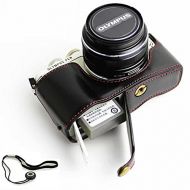 First2savvv XJD-EPL7-D01 Black Leather Half Camera Case Bag Cover base for Olympus PEN E-PL7 EPL7 + camera lens cap keeper