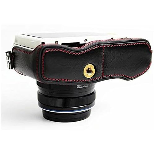  First2savvv XJD-EPL7-D01 Black Leather Half Camera Case Bag Cover base for Olympus PEN E-PL7 EPL7 + camera lens cap keeper