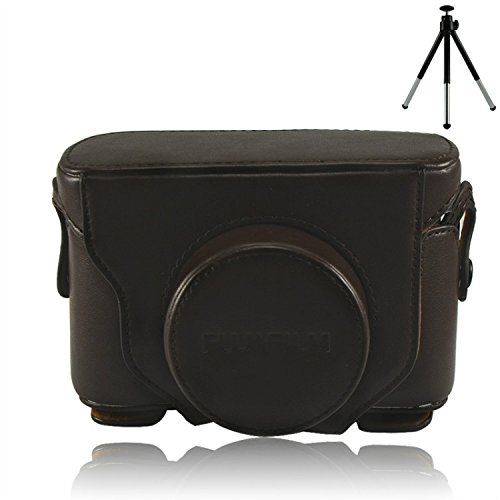  First2savvv XJPT-X10-10 dark brown full body Precise Fit PU leather digital camera case bag cover with shoulder strap for Fuji Fujifilm FinePix X10 X20 + mini tripod