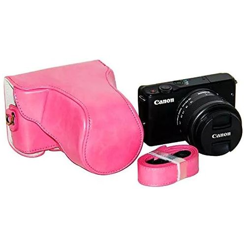  First2savvv XJPT-EOSM10-02 pink full body Precise Fit PU leather digital camera case bag cover with should strap for Canon EOS-M10 mit 15-45mm lens