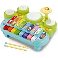 [아마존베스트]Fisca fisca 3 in 1 Musical Instruments Toys, Electronic Piano Keyboard Xylophone Drum Set - Learning Toys with Lights for Baby & Toddler 1 2 3 Year Old Boys and Girls